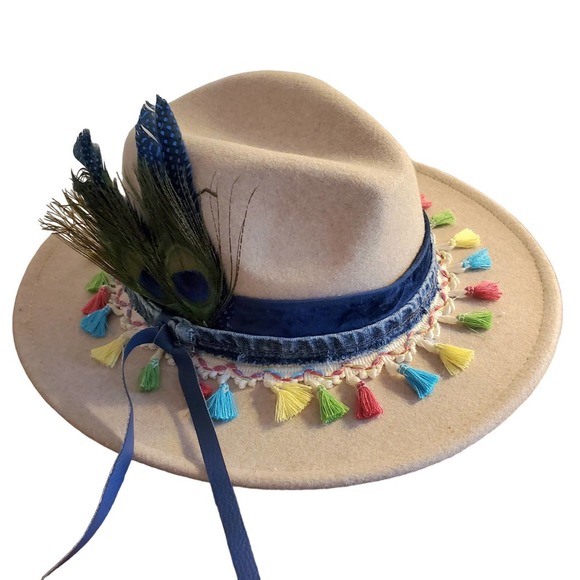 Custom Designed Boho Chic Women's Wide Brimmed Felt Fedora - Picture 2 of 7